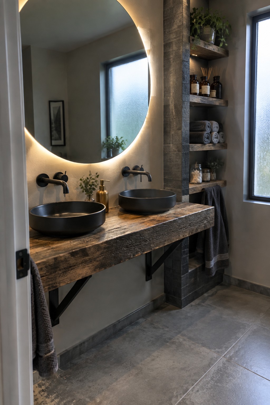 A bathroom vanity with a thick rustic wood countertop mounted on black metal brackets, holding two black vessel sinks with wall-mounted faucets, next to a round backlit mirror.