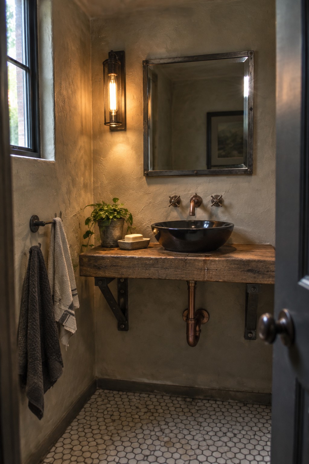Rustic bathroom with wooden vanity, black vessel sink, copper pipes, and hexagonal tiles