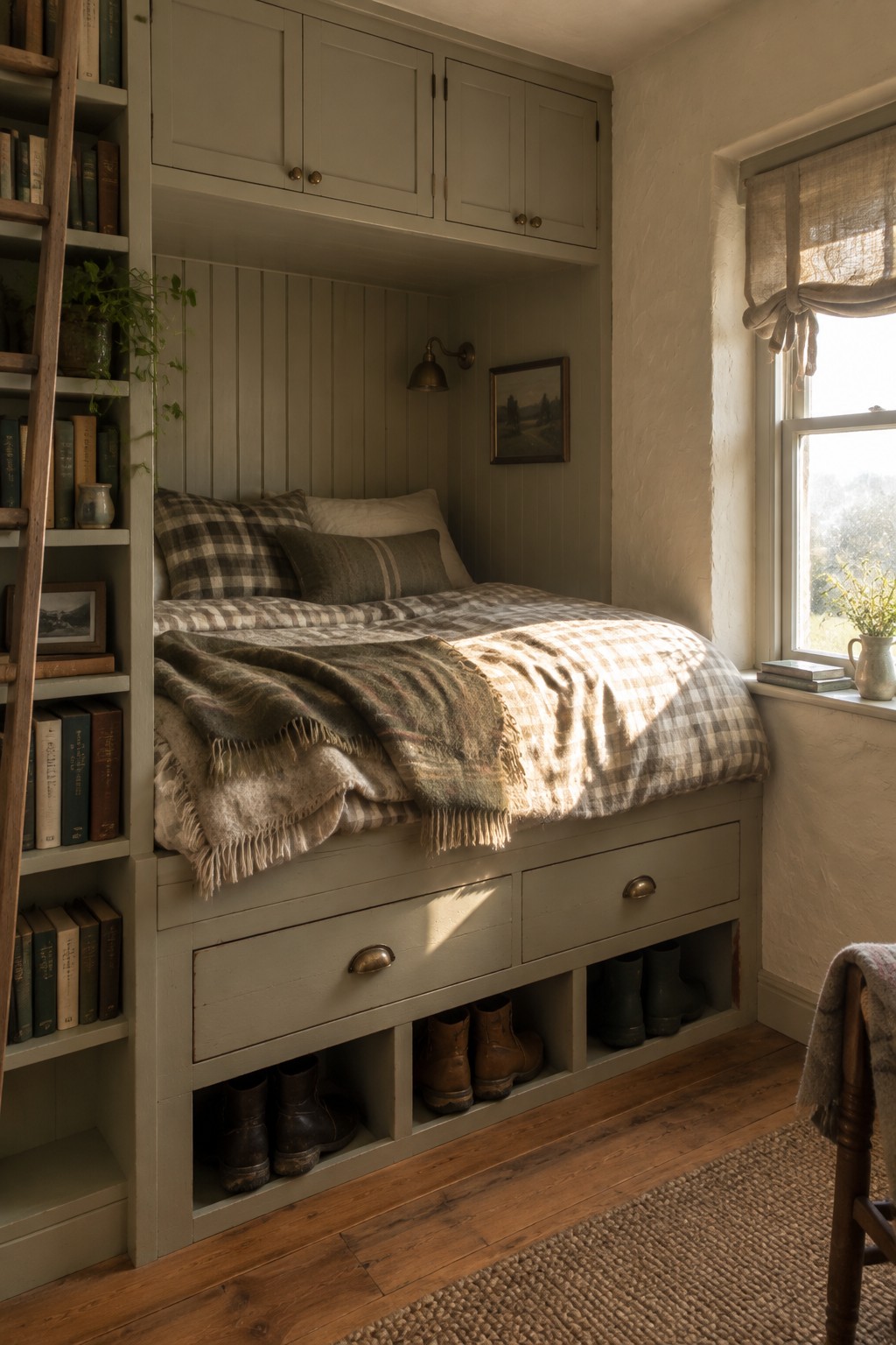 A built-in bed nook with gray painted wood, storage drawers and open cubbies holding boots, bookshelves on the left, and a window on the right.