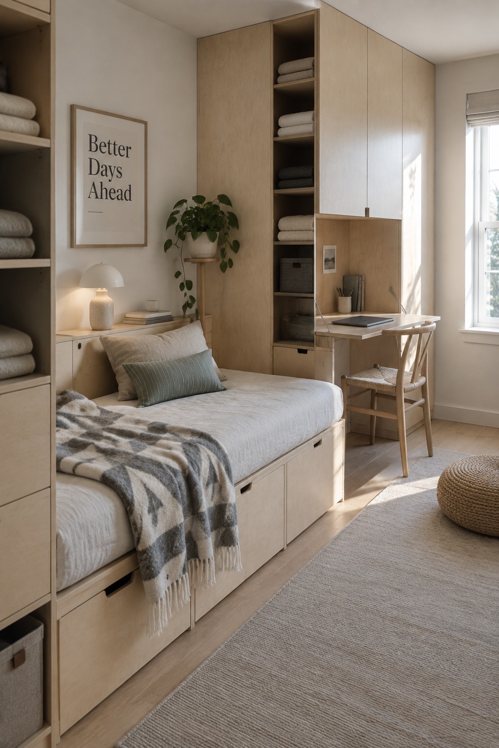 A light wood built-in bed with storage drawers beneath, integrated cabinetry, and a small desk area in a minimalist bedroom.