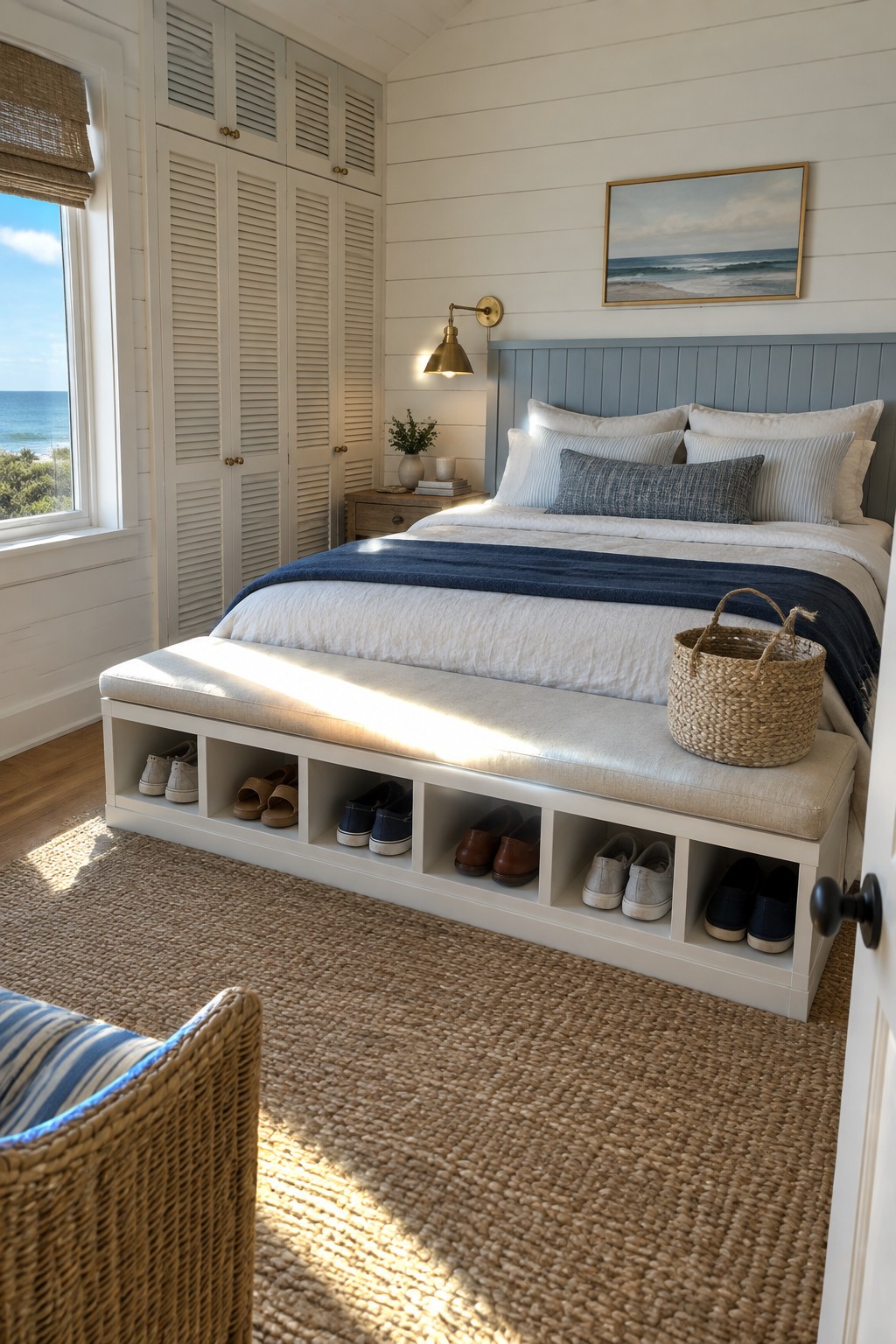 Coastal bedroom with blue headboard, white bed, shoe storage bench, and ocean view