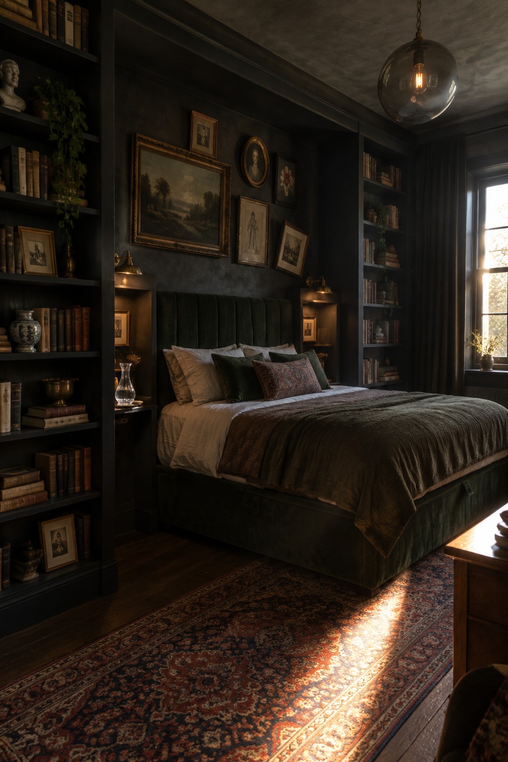 Dark green velvet bed in moody library bedroom with sunlit Persian rug