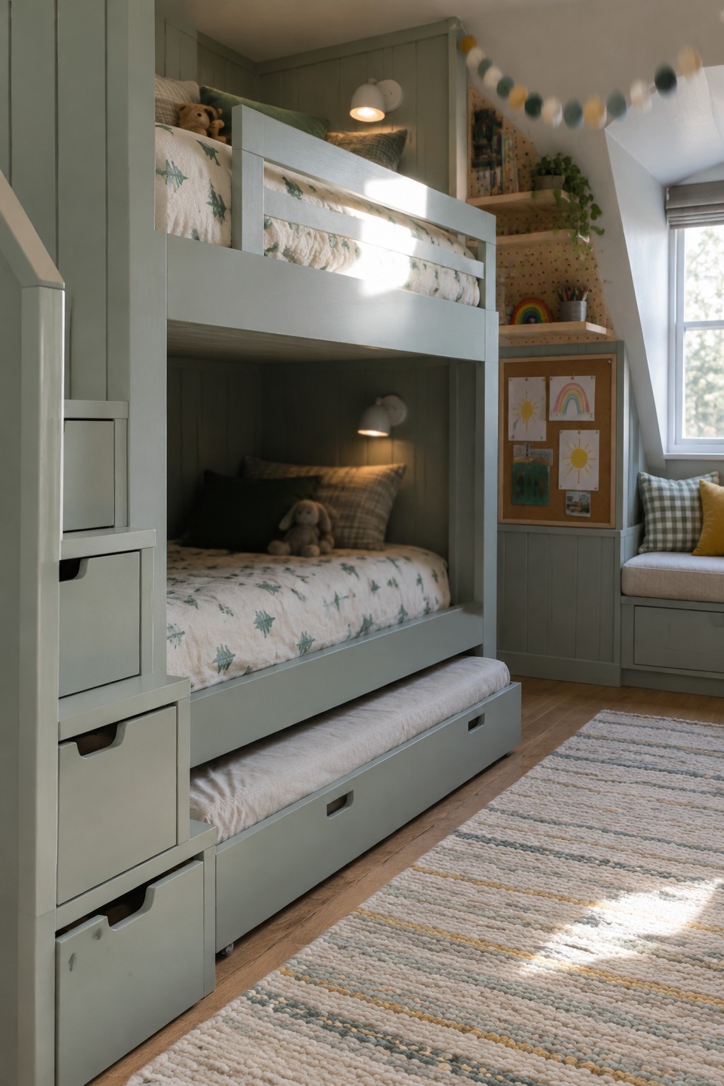 Sage green bunk bed with trundle, tree-patterned bedding, and kids' artwork in sunlit room