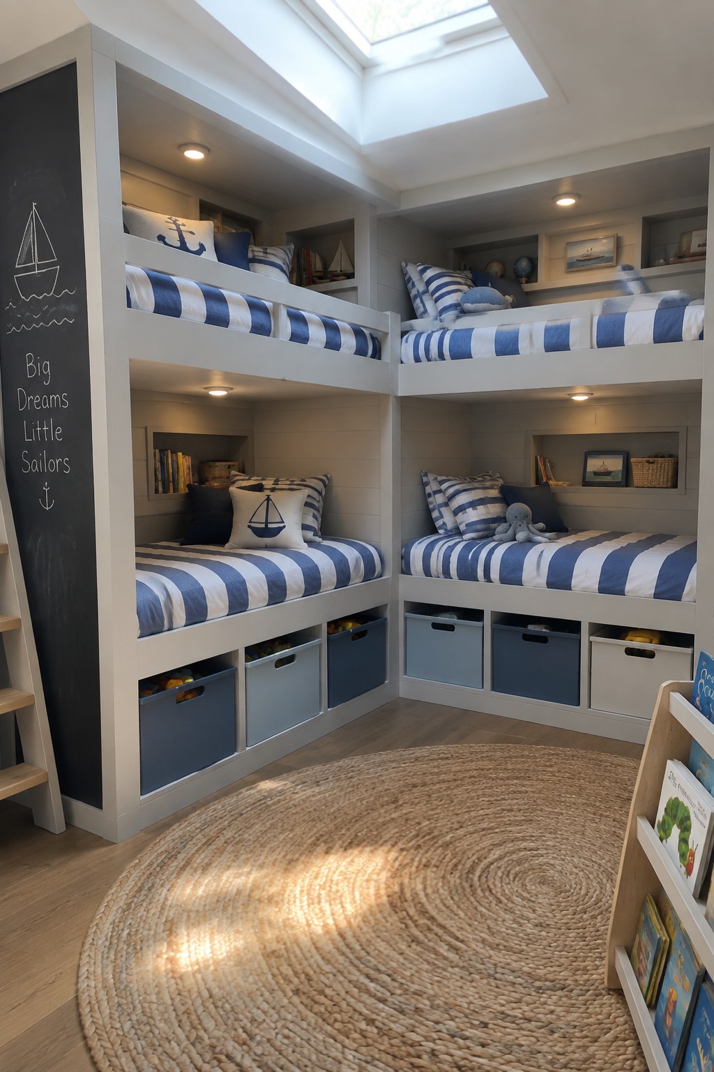 Four built-in white bunk beds with blue and white striped bedding, storage bins below, shelves above, and a chalkboard panel on the left wall.