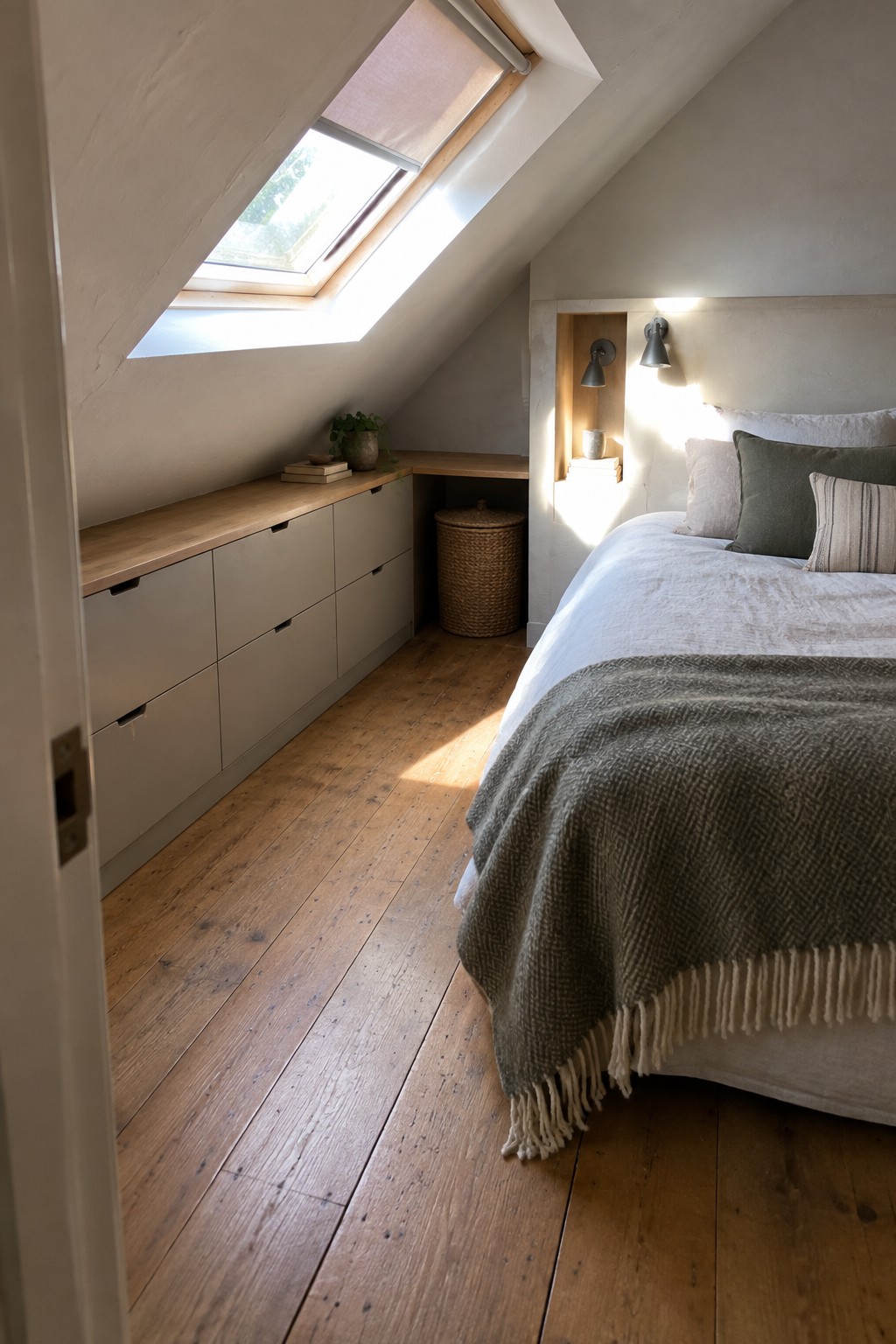 Attic bedroom with built-in gray cabinets under a sloped ceiling, wooden countertop, and a bed with white and green bedding on the right.