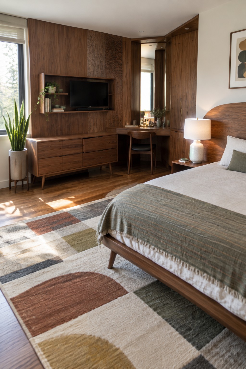 Modern bedroom with wooden bed, green throw, geometric rug, TV console and desk