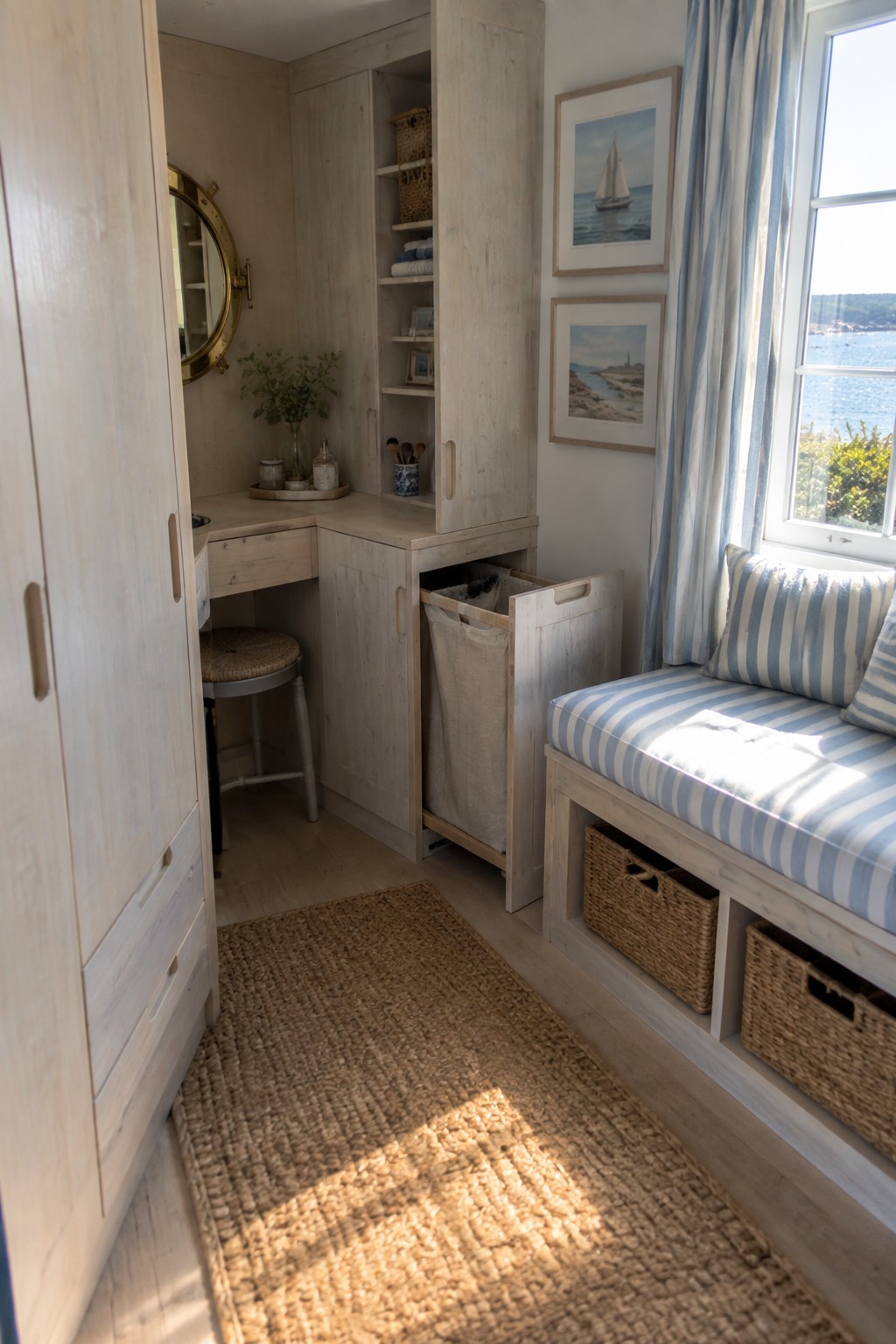A light wood bedroom corner showing built-in cabinets with a pull-out laundry bin, a window seat with woven baskets underneath, and a small vanity area with a stool.