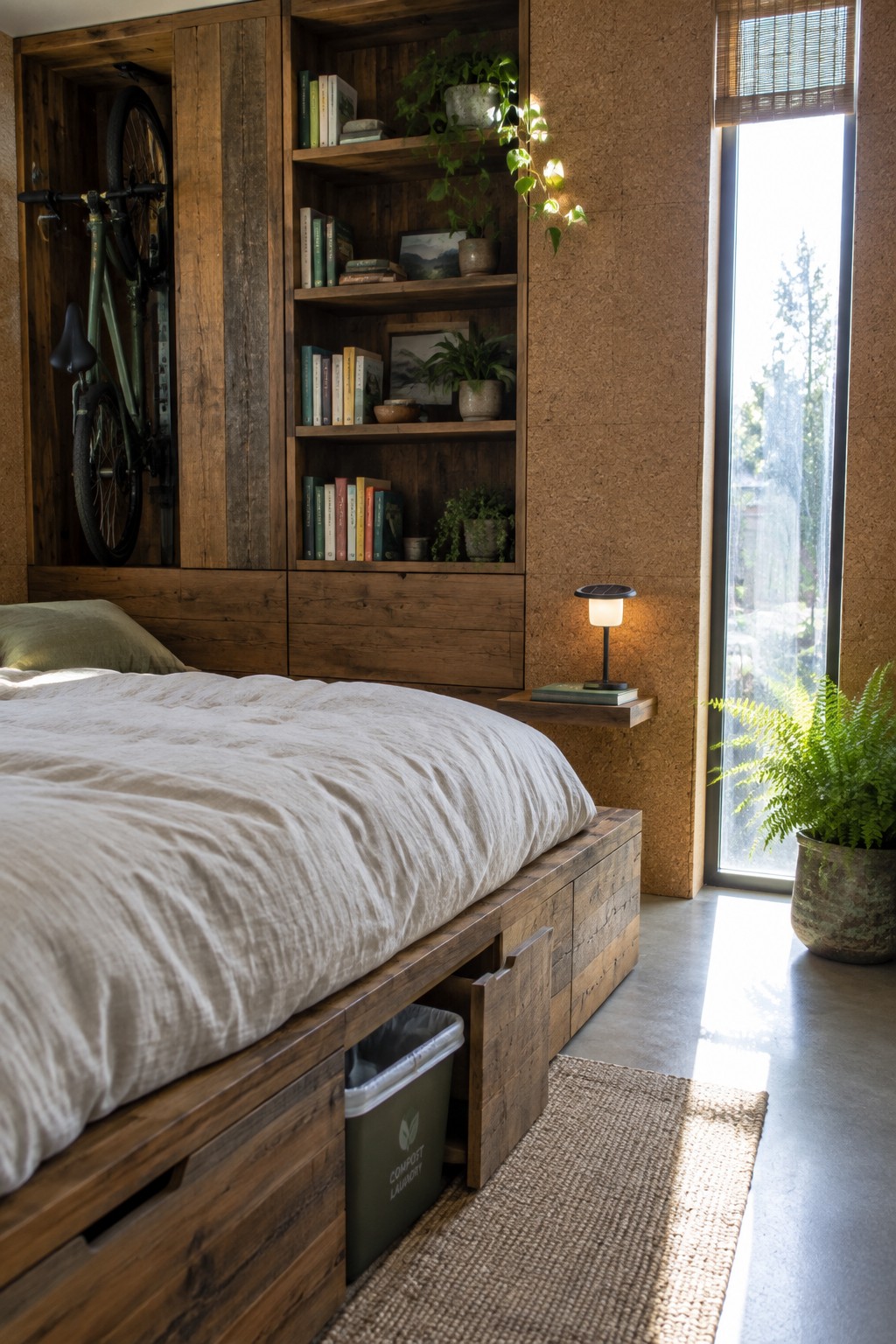 A bedroom with a wooden platform bed that has multiple storage drawers underneath, built-in wall shelving with books and plants, and a bicycle stored in a recessed nook next to a tall window.