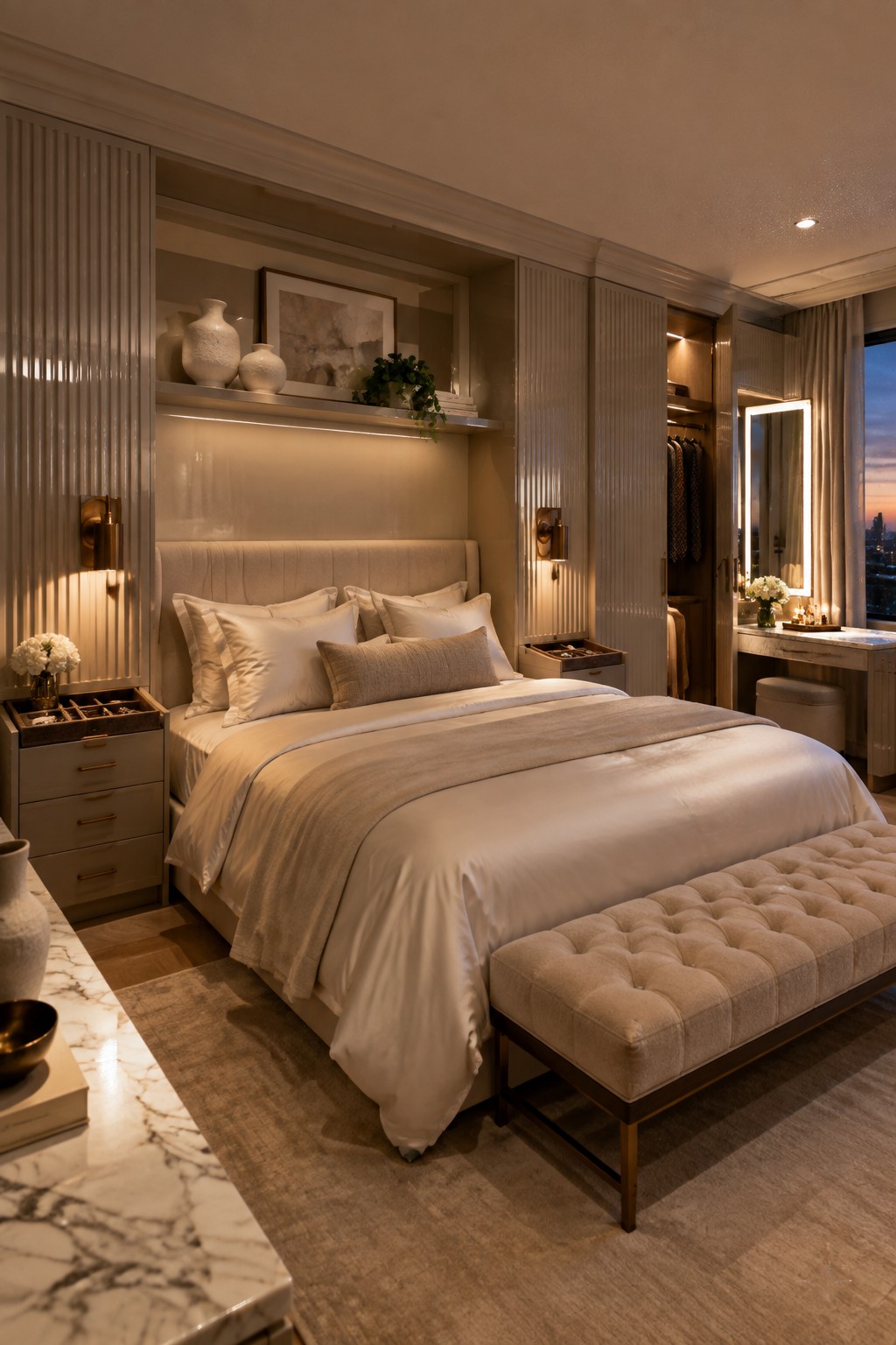 A modern bedroom with a bed recessed into a wall niche, overhead built-in shelving holding vases and a small plant, integrated wall sconces, side cabinetry, a tufted bench at the foot of the bed, and a vanity area with a lit mirror visible to the right.