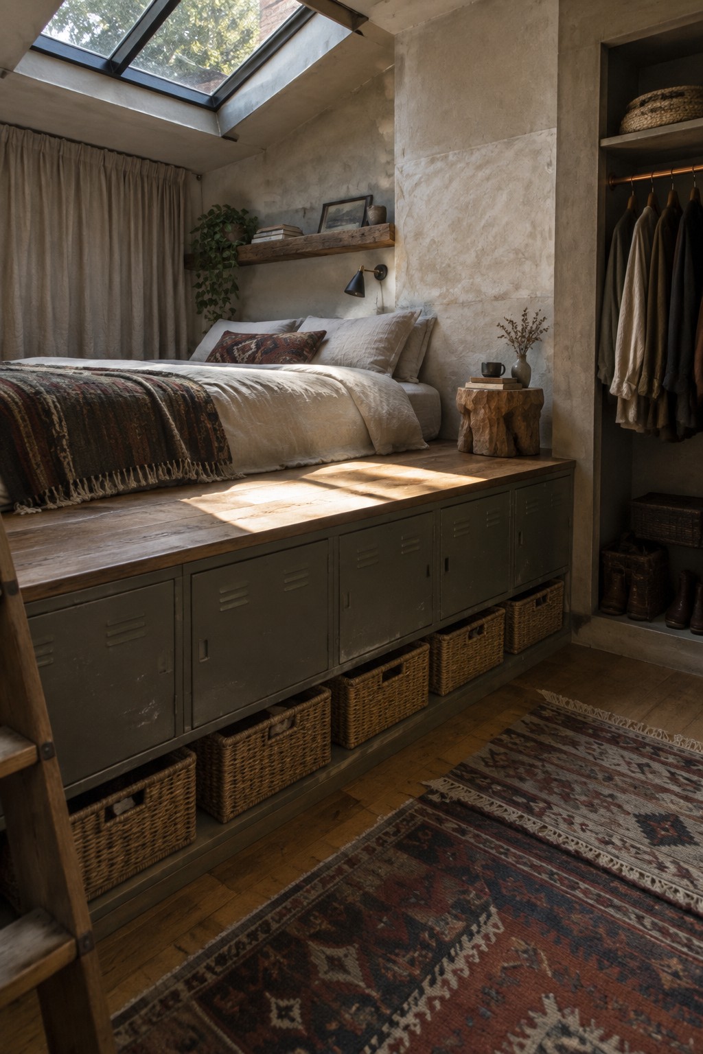 A low platform bed in a concrete-walled room with gray metal storage cabinets and woven baskets built into the base, a wooden ladder on the left, and rugs on the floor.