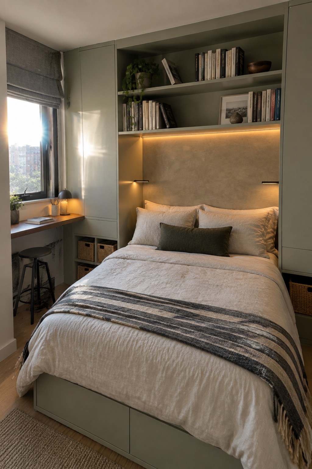 A modern bedroom featuring a bed with built-in under-bed storage drawers, integrated overhead shelving with books and plants, and soft wall lighting.