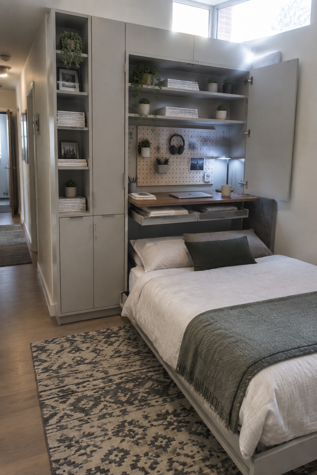 A bedroom featuring a built-in gray cabinet unit with open shelves, a pegboard, a pull-out wooden desk, and a bed with white and gray bedding positioned underneath.