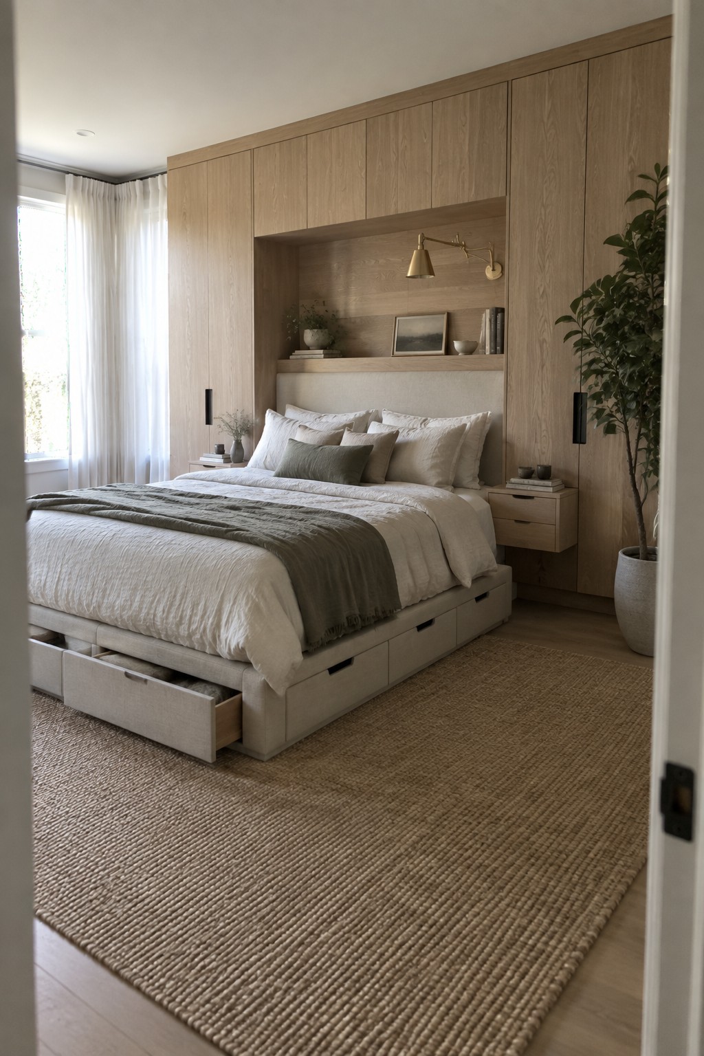 A bedroom with a bed centered against light wood built-in cabinets and a recessed headboard area, with open storage drawers visible under the bed frame.