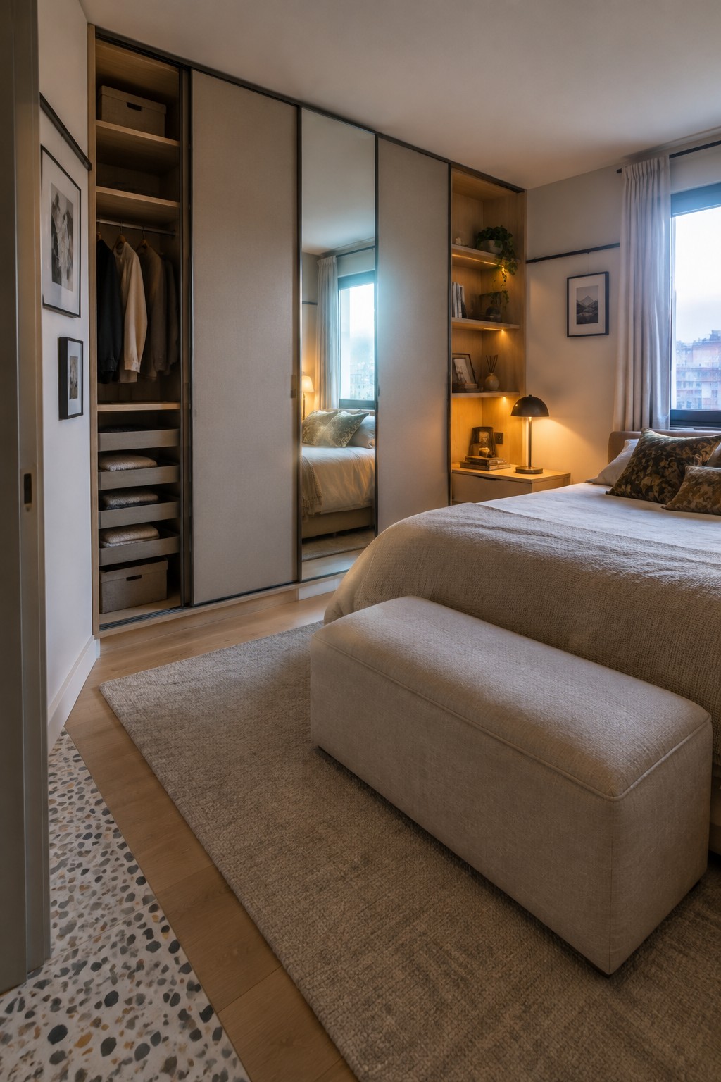 A modern bedroom with floor-to-ceiling built-in wardrobes featuring sliding doors, open shelving, and a large bed with a bench at the foot.
