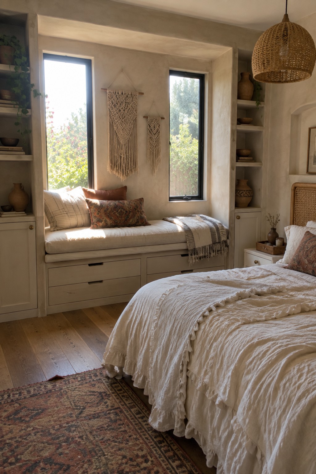 A bedroom featuring a built-in window seat with multiple storage drawers below, white cabinetry on both sides, and a bed with white ruffled bedding in the foreground.