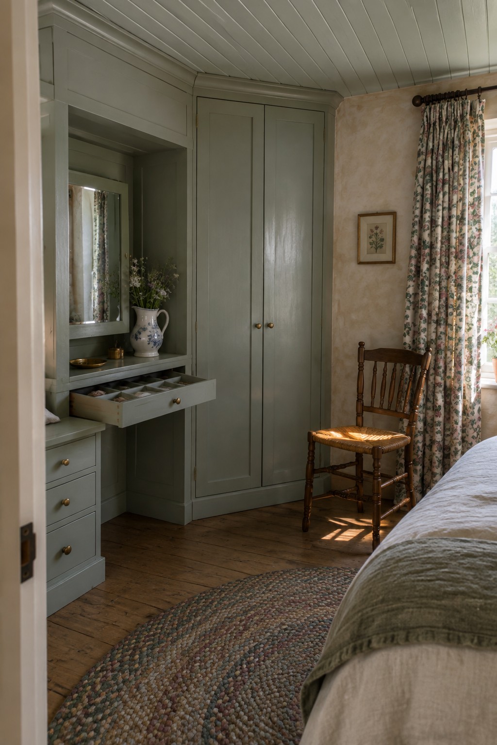 A bedroom corner featuring sage green built-in wardrobes with a vanity section, an open drawer, a mirror, a wooden chair, and a colorful braided rug on the floor.