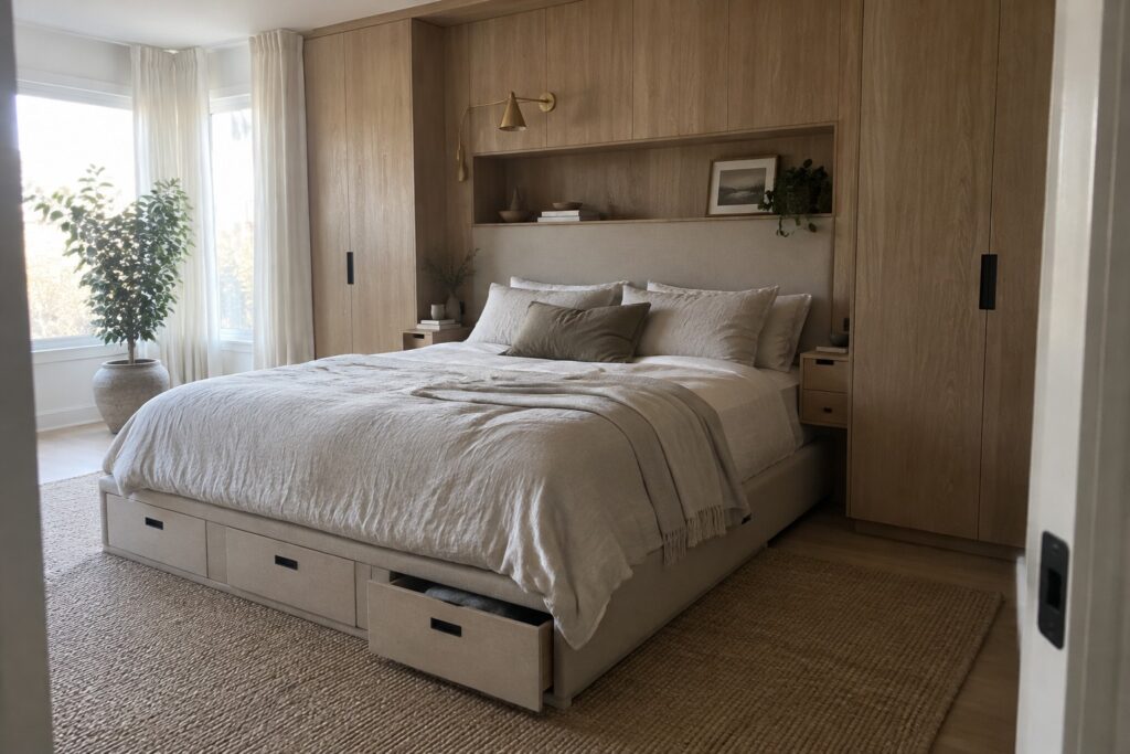 22 Built-In Bedroom Furniture Ideas for Maximizing Storage A bedroom with a bed centered against light wood built-in cabinets and a recessed headboard area, with open storage drawers visible under the bed frame.