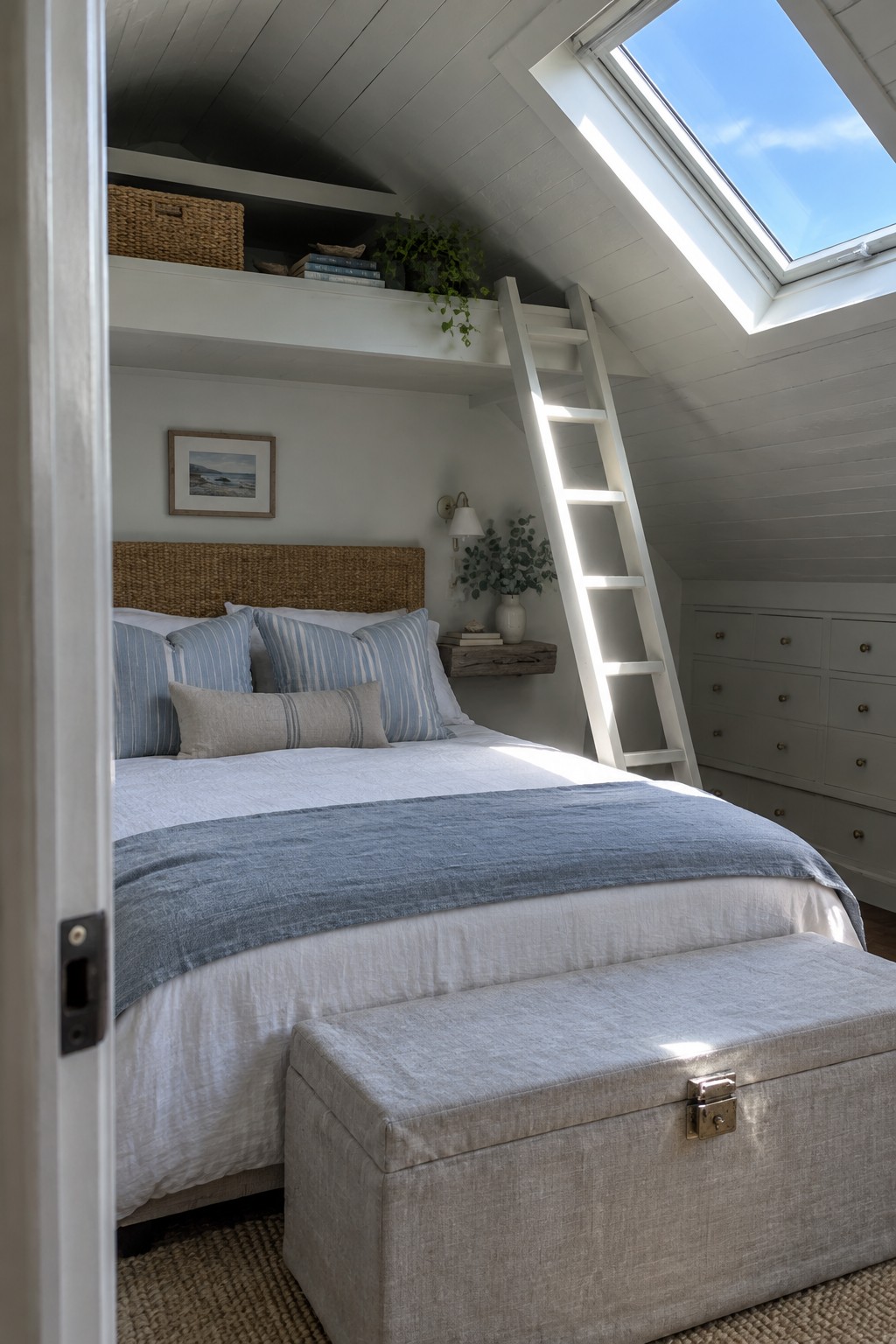 An attic bedroom with a bed under a white built-in loft, a ladder leaning against the loft, a gray storage bench at the foot of the bed, and a skylight on the right.