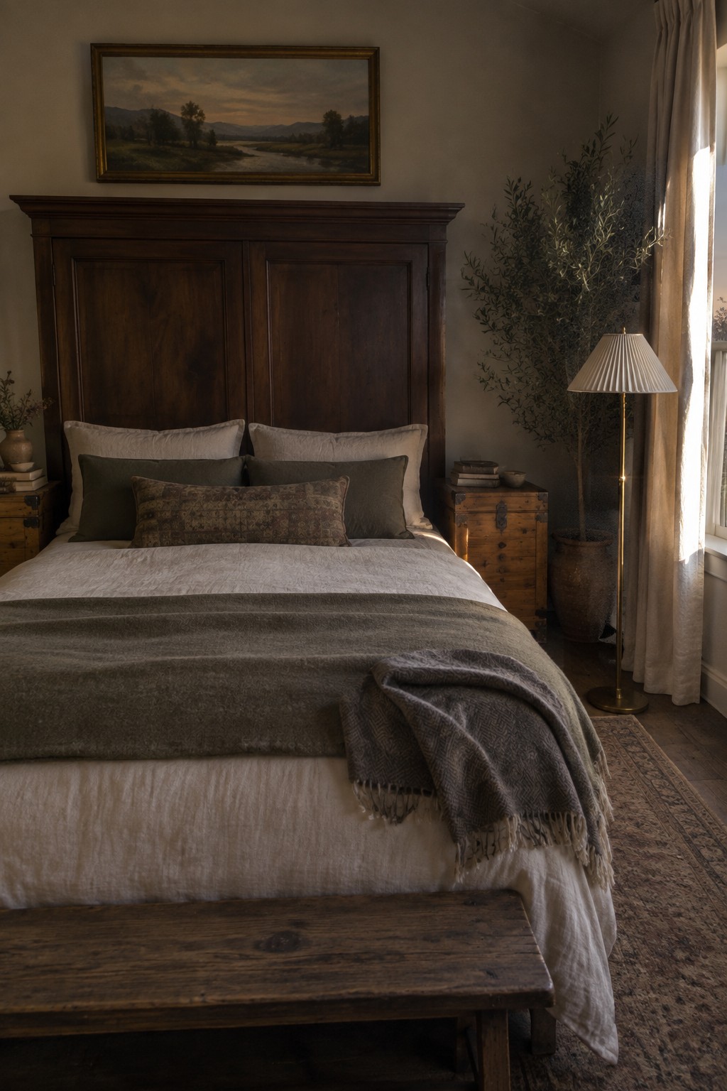 A bedroom with a large dark wood bed frame, white and gray bedding, a landscape painting above the headboard, wooden nightstands, and a wooden bench at the foot of the bed.