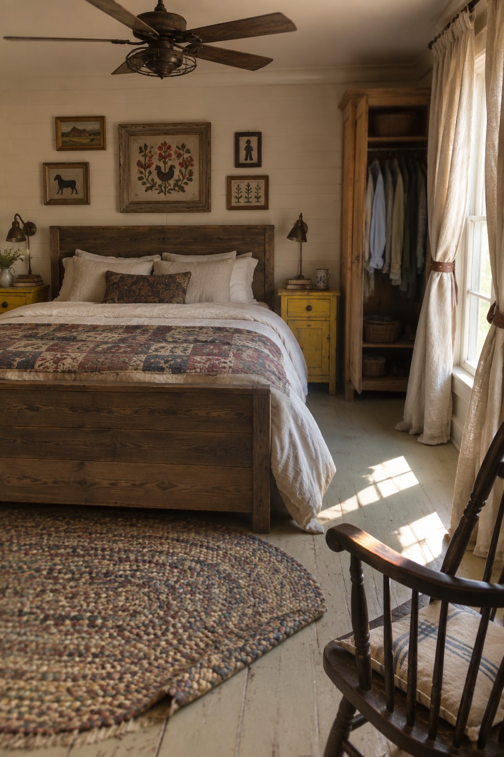 A farmhouse bedroom featuring a dark wooden bed with white linens and a patchwork quilt, a tall wooden armoire, yellow nightstands, framed art on the wall, and a round braided rug on white floorboards.