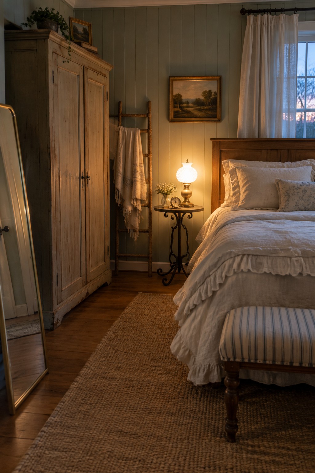A farmhouse bedroom with a large distressed wooden armoire on the left, a wooden bed with white linens and a striped bench, a small side table with a lamp, and a jute rug on the floor.