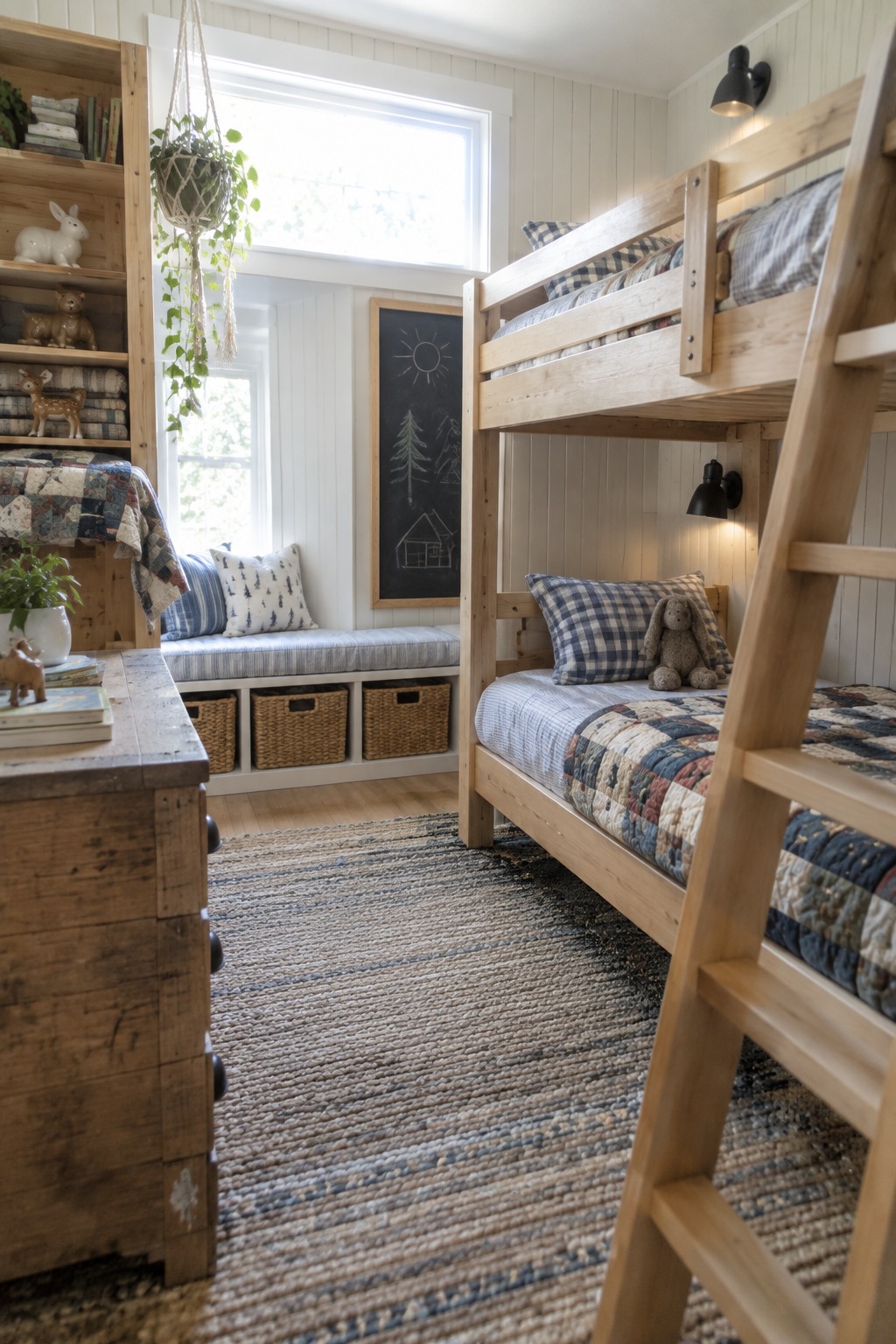 A bright children's bedroom with a light wood bunk bed, patchwork quilts, a window seat with storage baskets, and a wooden dresser on the left.
