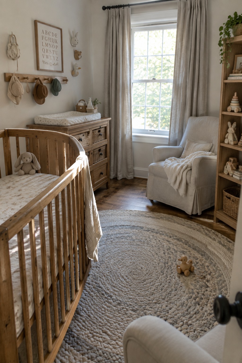 A light wood crib and matching dresser in a neutral nursery with an armchair, round woven rug, and window with curtains.