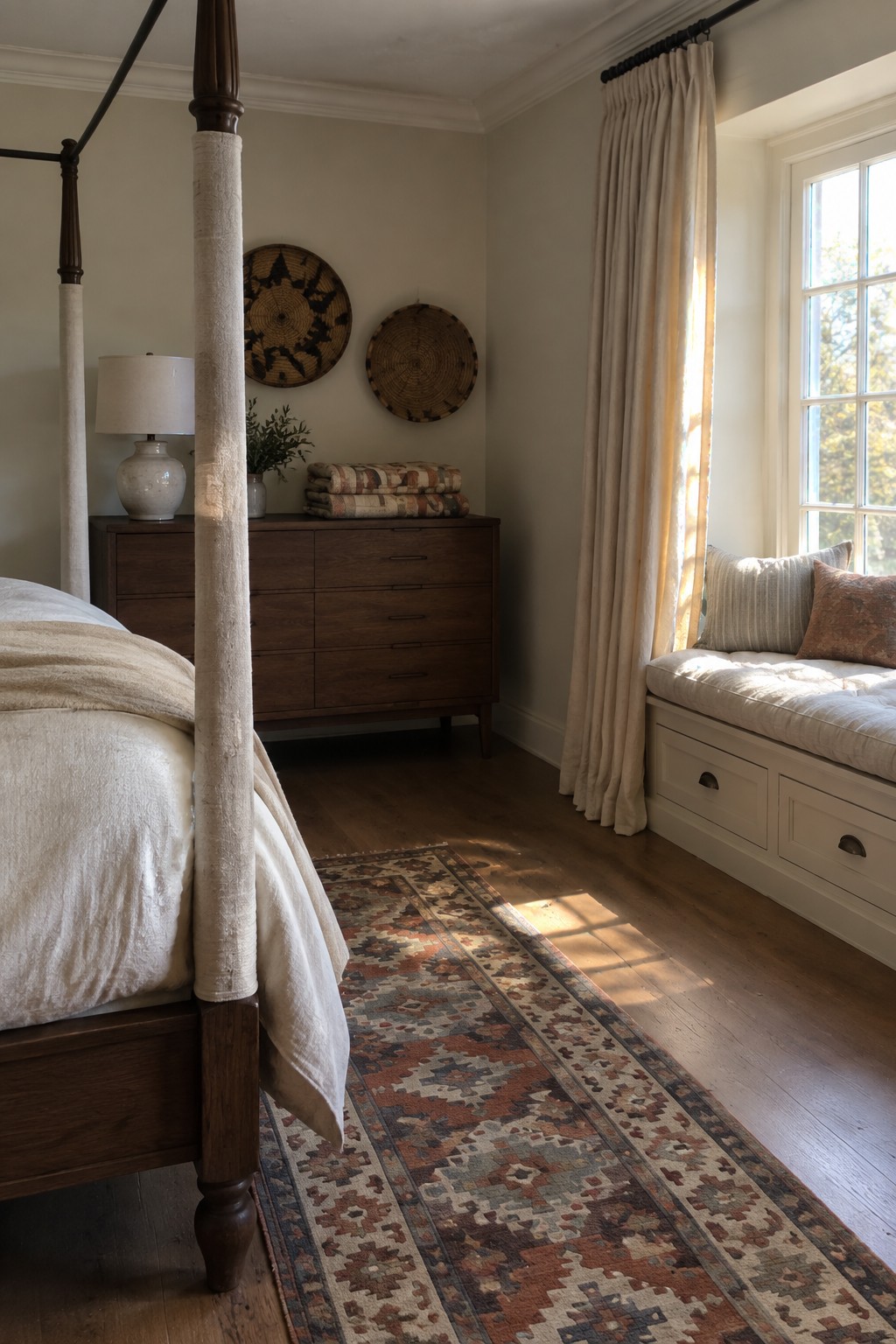 A farmhouse bedroom with a dark wood four-poster bed in the foreground, a matching wooden dresser against the wall, and a cushioned window seat on the right.