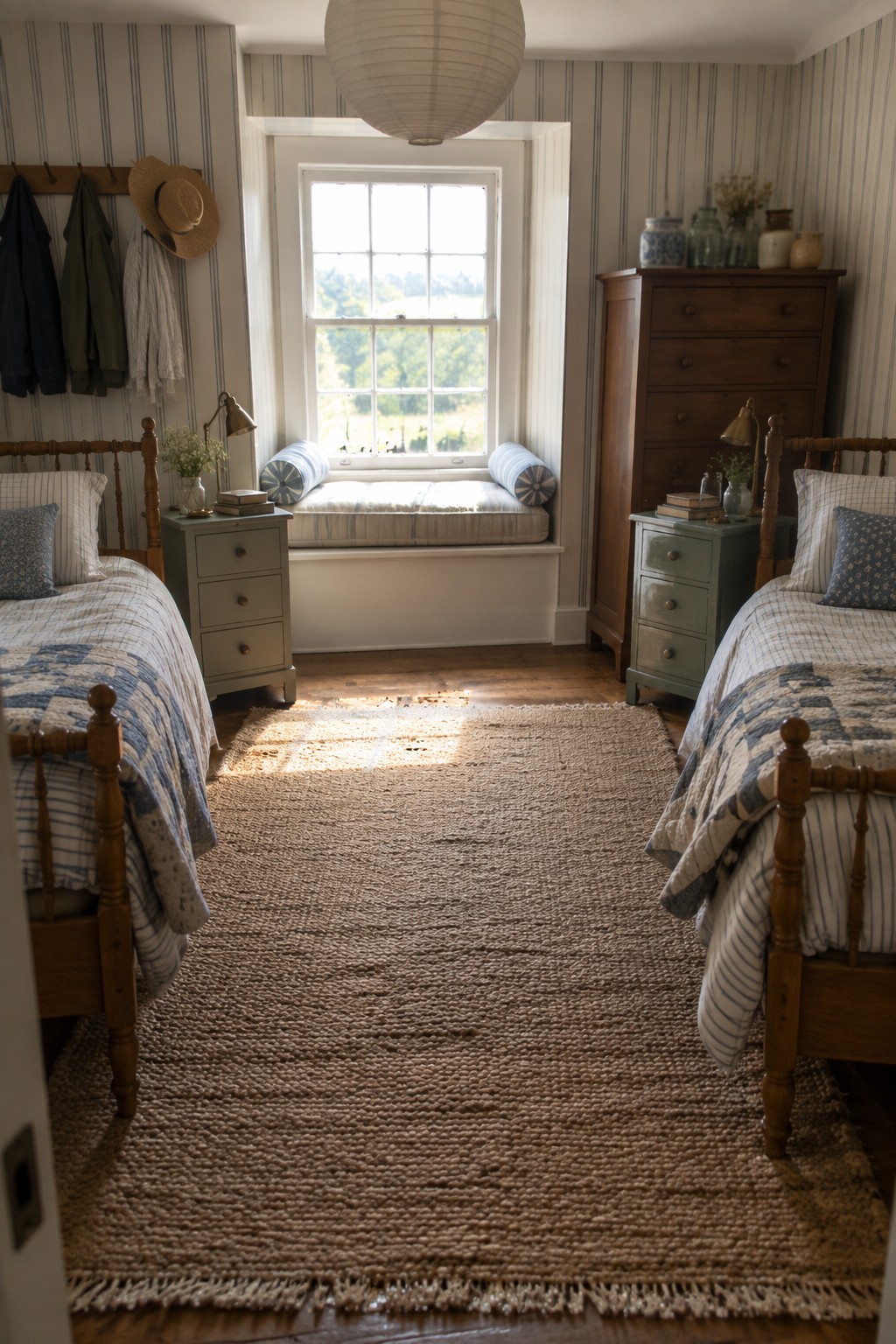A bedroom interior with two wooden twin beds facing each other, a large window with a cushioned seat between them, striped wallpaper, and a wooden dresser and nightstands.