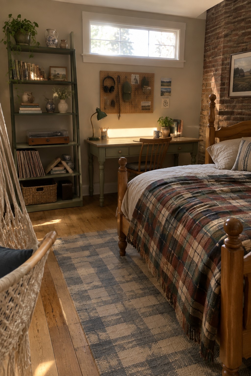 A farmhouse bedroom with a wooden bed frame featuring turned posts, a plaid blanket, a green painted desk and chair, and a tall green bookshelf beside a window.