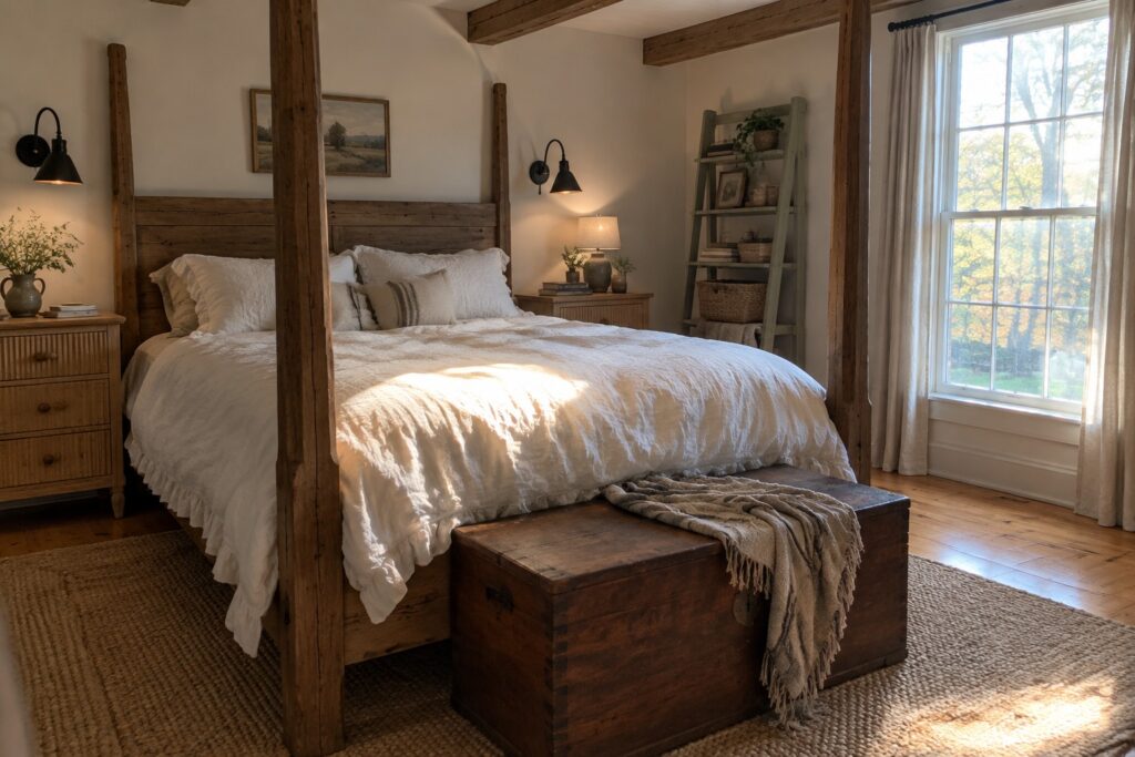 Sunlit rustic bedroom with wooden four-poster bed, white linens, and chest at foot.