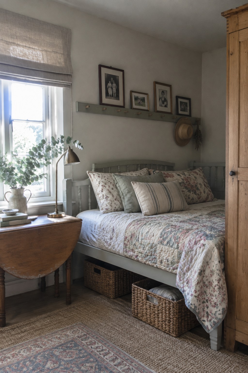 Cozy bedroom with floral quilt bed, wooden furniture, peg rail photos, and woven baskets