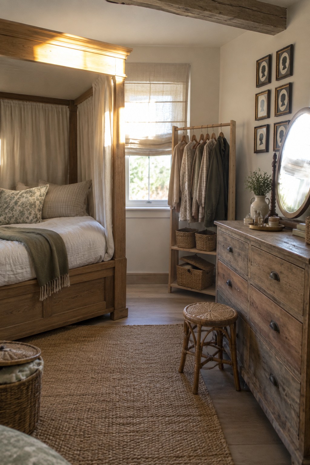A farmhouse bedroom with a wooden four-poster bed on the left, a rustic wooden dresser on the right, a clothing rack, woven baskets, and a round mirror on the wall.