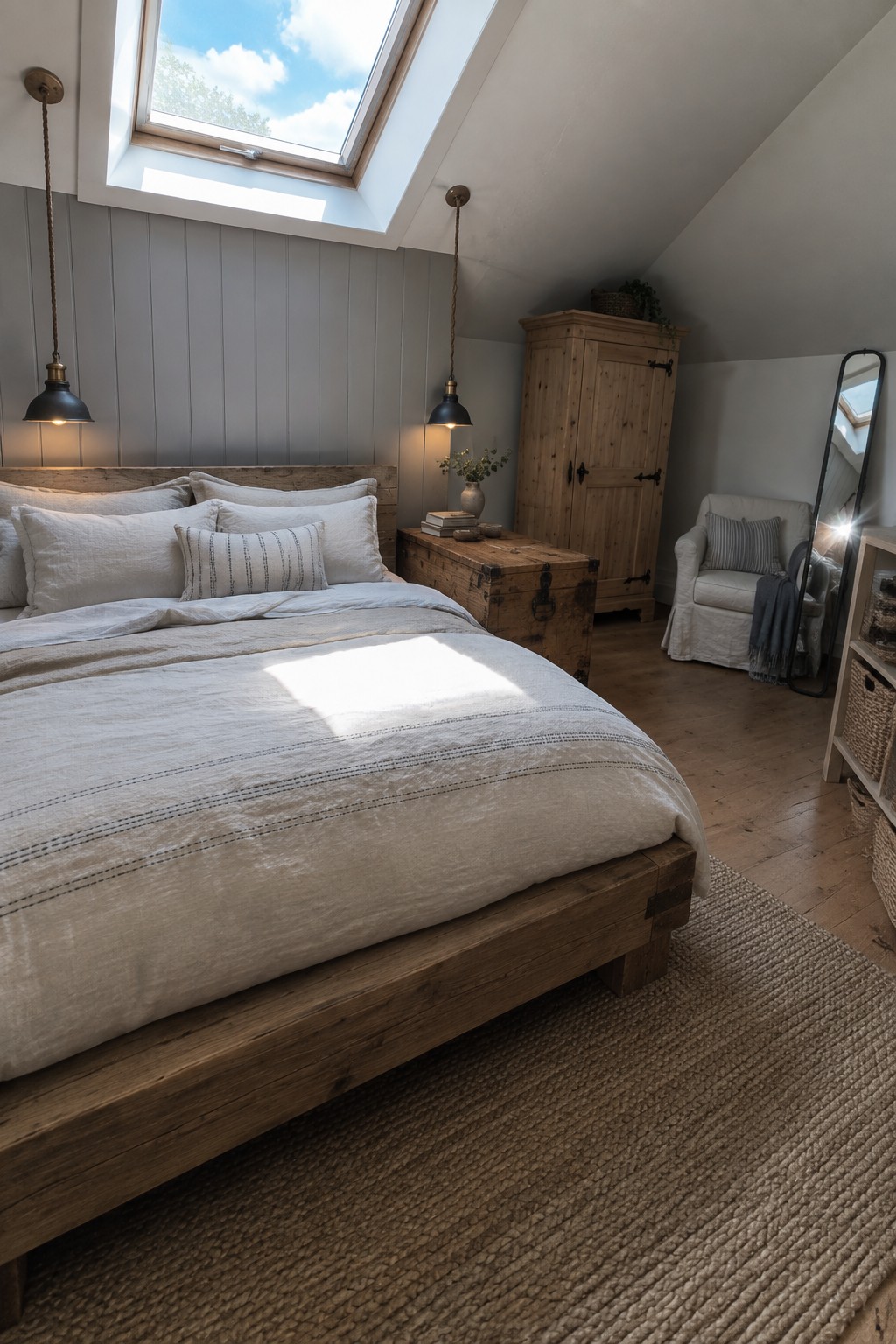 A farmhouse bedroom with a rustic wooden bed frame, white bedding, a wooden chest at the foot of the bed, two pendant lights, and a skylight overhead.