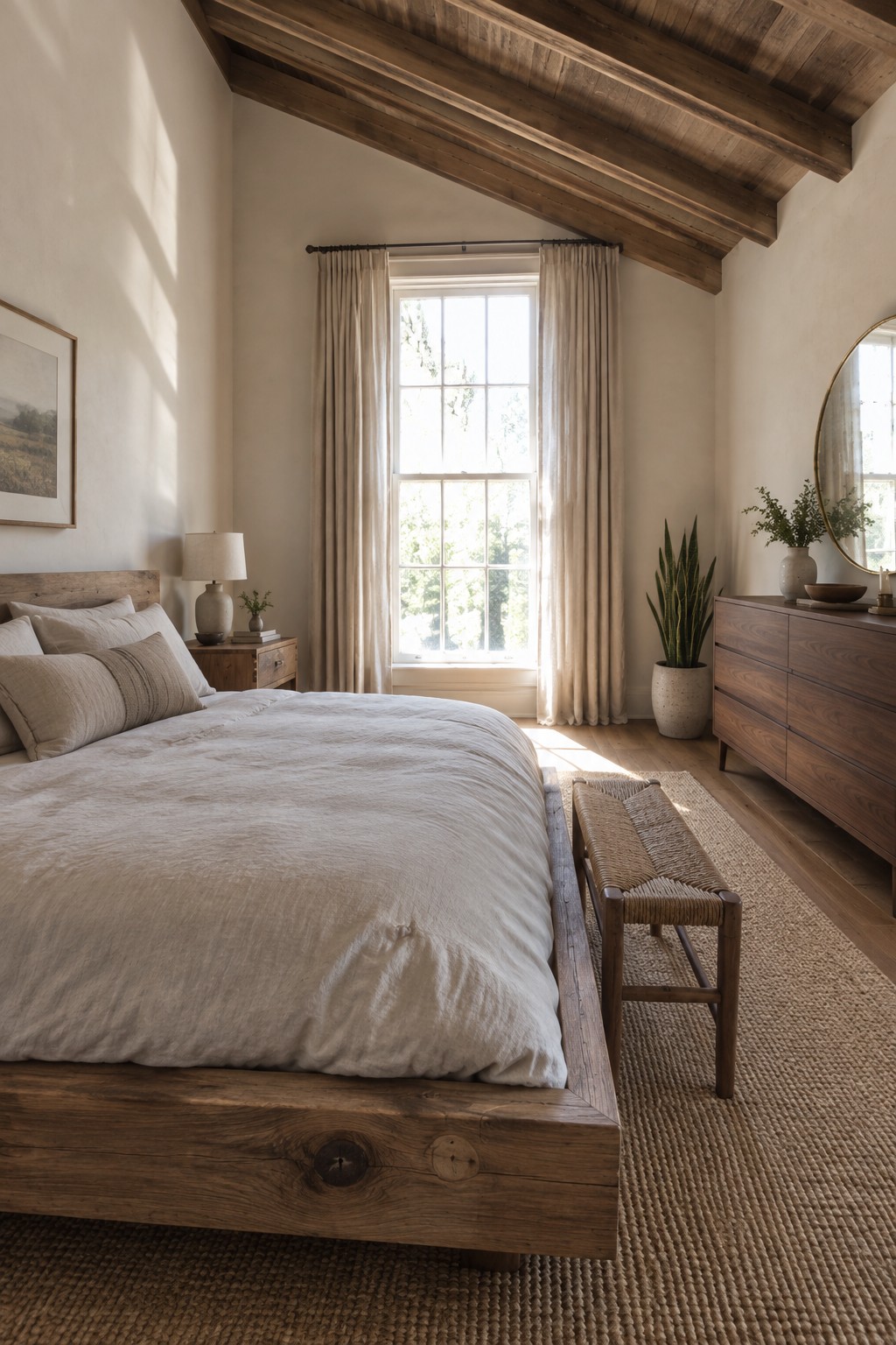 Rustic bedroom with wooden bed, beige linens, woven bench, and sunlit window