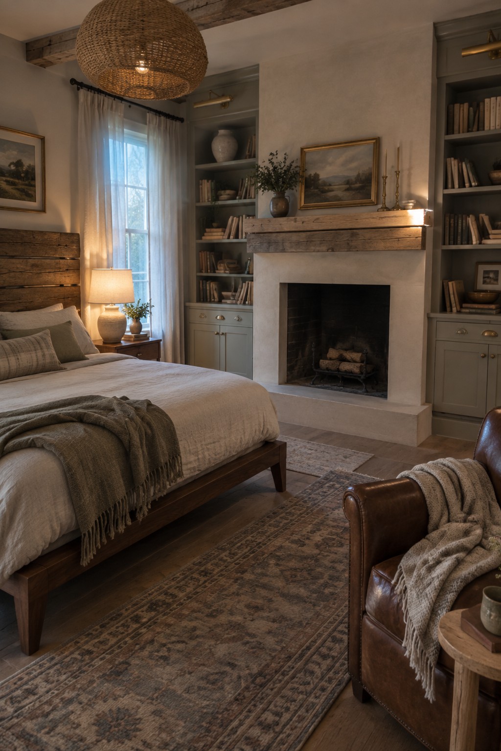 A farmhouse bedroom with a large wooden bed frame, stone fireplace with wooden mantel, built-in bookshelves, leather armchair, and patterned rugs on wood flooring.
