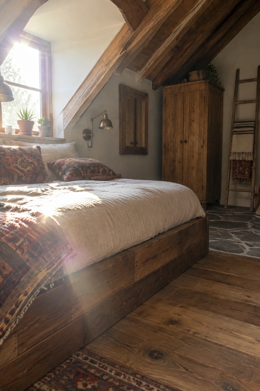 A low wooden platform bed with white linens sits in a rustic attic bedroom with exposed beams, a wooden armoire, and a window on the left.