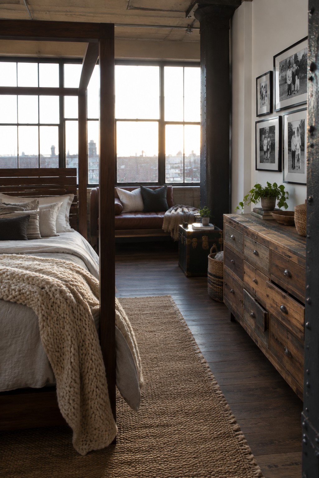 Industrial loft bedroom with four-poster bed, leather sofa, wooden dresser, and sunset windows