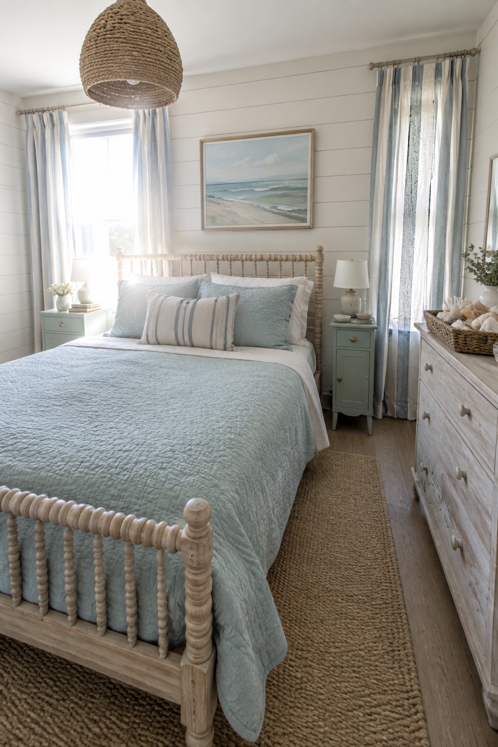 Coastal bedroom with spindle bed, seafoam quilt, blue curtains, and woven pendant light.
