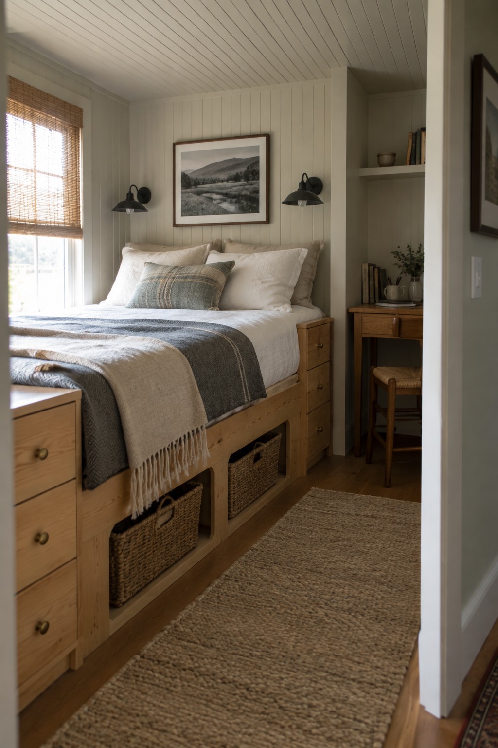 A light wood bed frame with built-in drawers and woven baskets underneath, white bedding, wall sconces, and a woven rug on the floor.