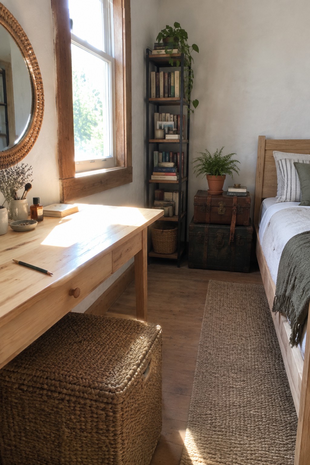 A bright bedroom with a light wood desk, woven storage basket, tall bookshelf, and wooden bed frame along a wall with a window.