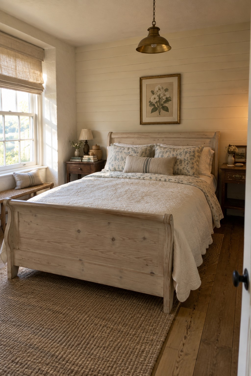 A light wood sleigh bed with white bedding in a farmhouse bedroom, flanked by wooden nightstands and a window on the left.