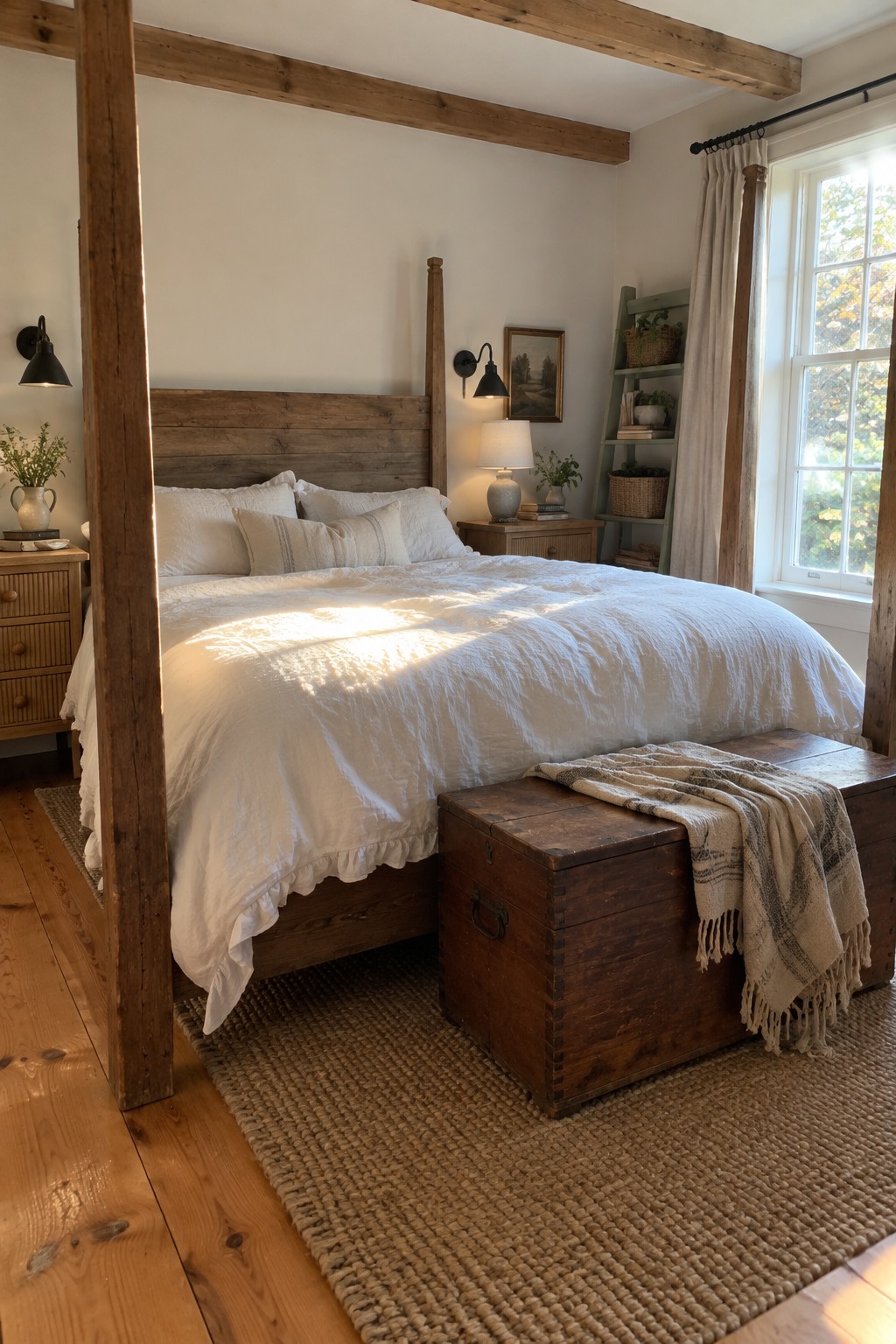 Sunlit rustic bedroom with wooden four-poster bed, white linens, and chest at foot.