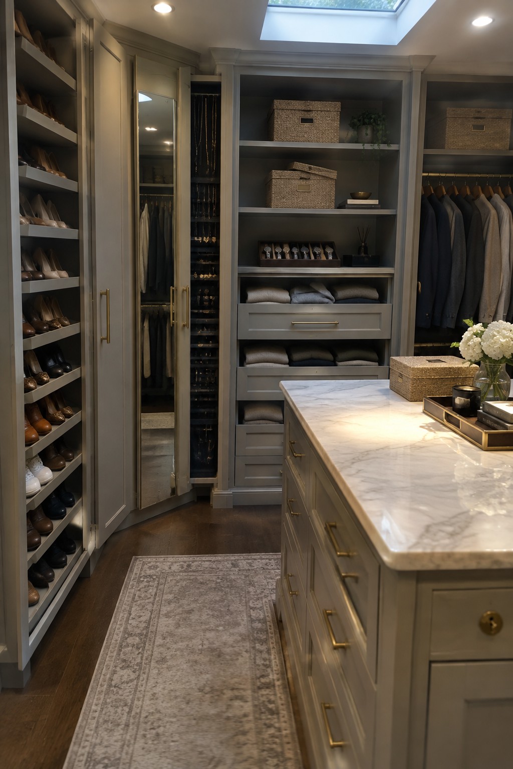 Luxurious gray walk-in closet with marble island, shoe shelves, and organized clothing storage.
