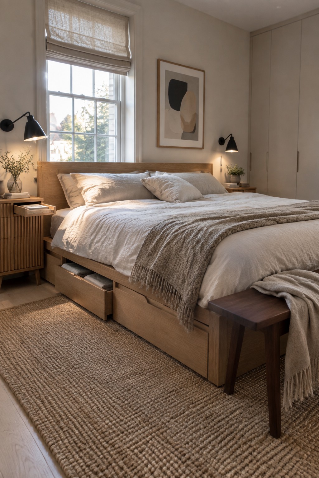 A light-filled bedroom showing a wooden platform bed with multiple storage drawers built into the base, layered with white and beige bedding and a woven rug on the floor.