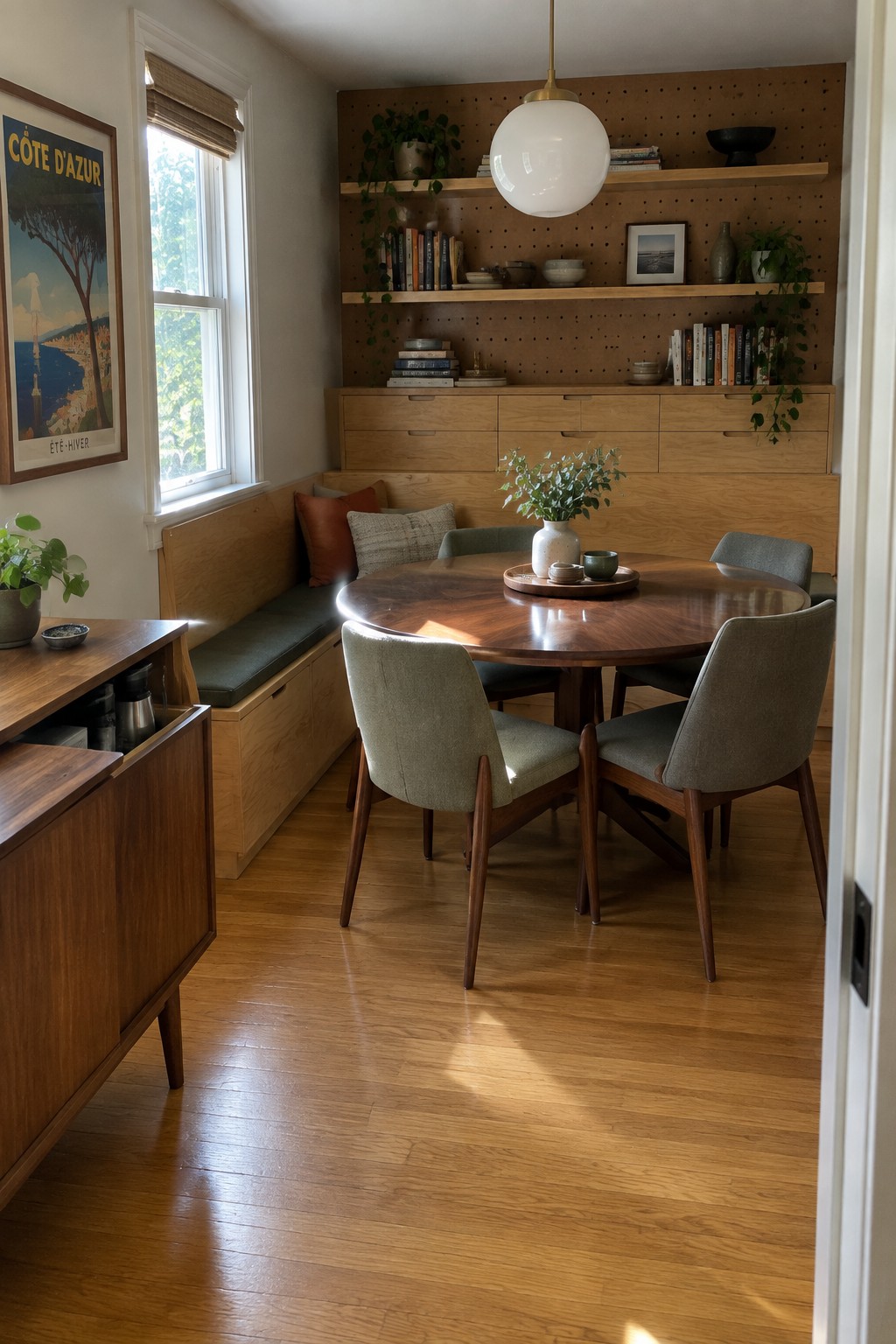 A dining area with a round wooden table, upholstered chairs, built-in wooden bench seating with cushions along the wall, and shelves above holding books and plants.