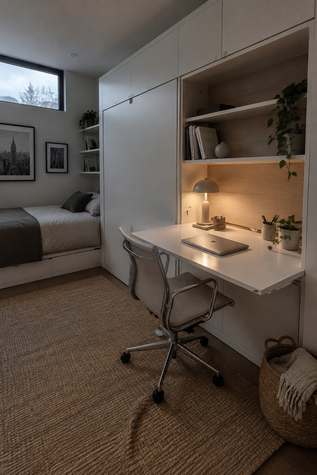A bedroom with a white built-in cabinet unit containing a desk, shelves, and a laptop, next to a bed with white bedding and framed art on the wall.