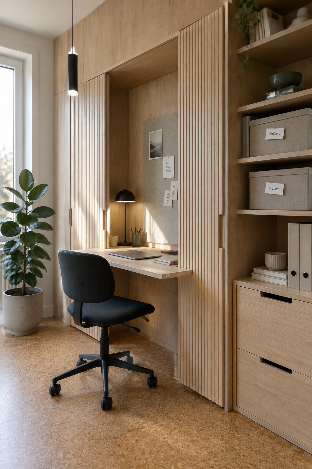 A light wood built-in desk nook with a pull-out work surface, black office chair, vertical slat doors, and open shelves holding storage boxes and books.