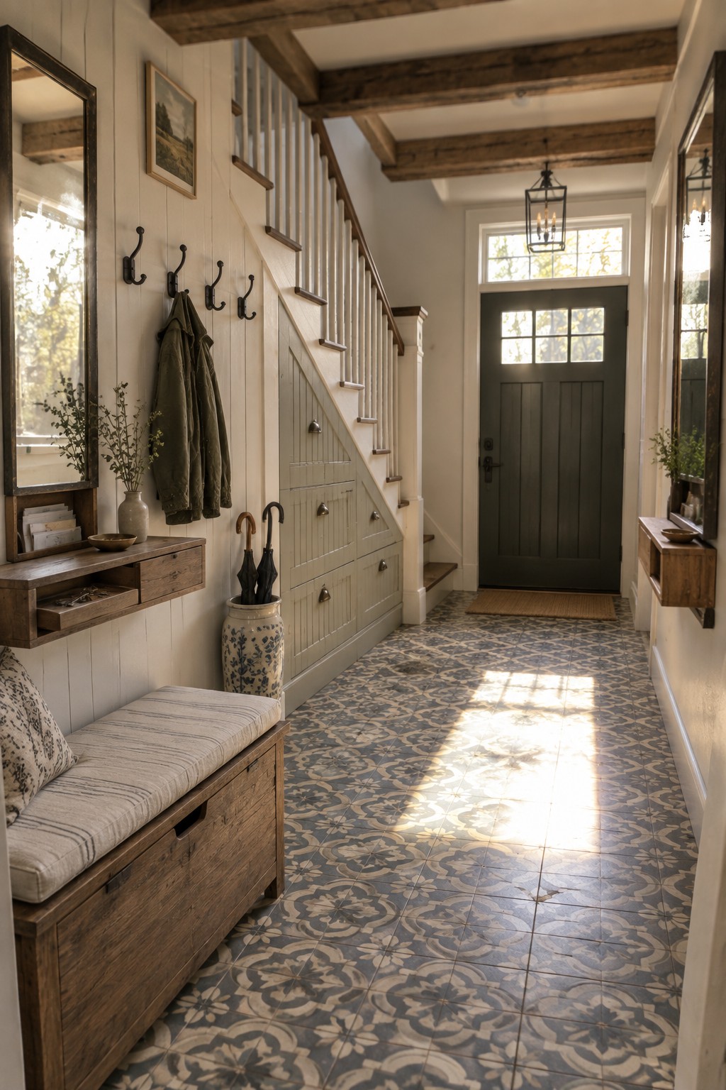 A home entry hallway with patterned tile flooring, a staircase featuring built-in sage green cabinets underneath, a wooden storage bench on the left, and a dark front door at the end.