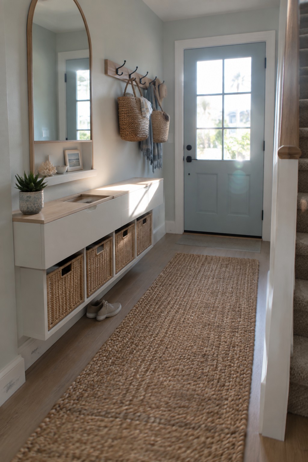 A narrow entryway shows a long white built-in storage unit with a light wood top, multiple woven baskets tucked underneath, and an arched mirror mounted above it beside a light blue front door.